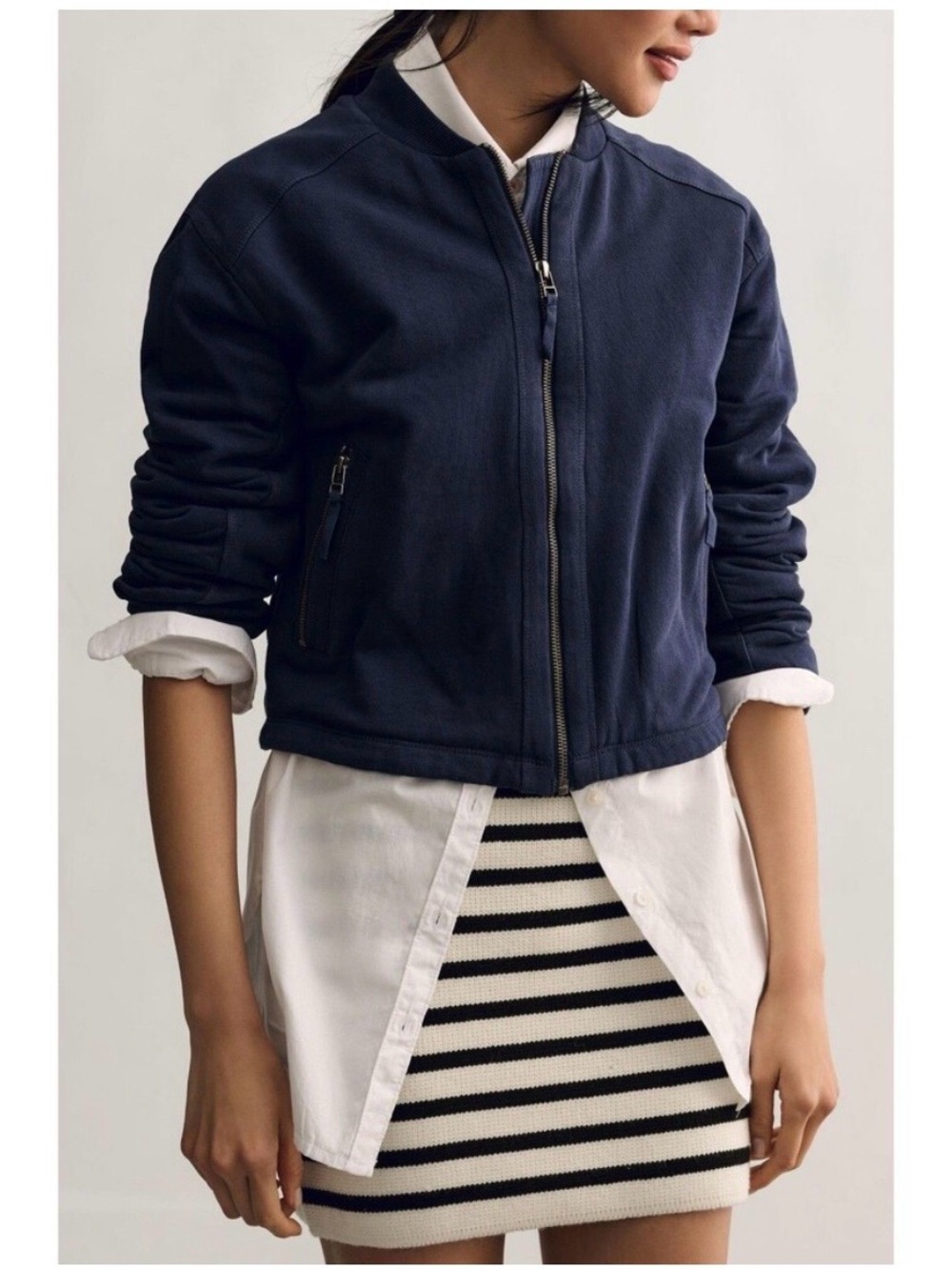 Anthropologie Knit Navy Bomber Jacket - Casual Zip Front